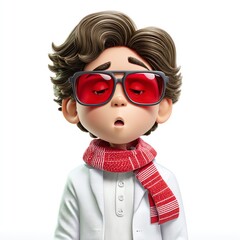 A weary cartoon boy, red-rimmed eyes hidden behind dark sunglasses, wears a white coat and red scarf. He appears unwell, perhaps feverish.