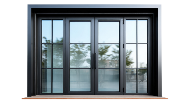 Architectural Elegance: A contemporary architectural facade, highlighting a striking dark-framed glass door, offering a view of the inviting exterior and enhancing aesthetic appeal.