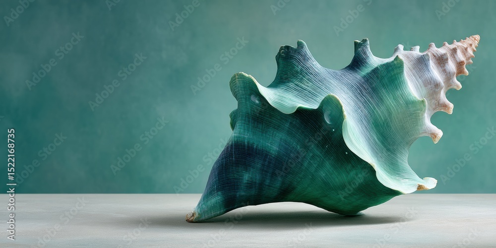 Poster Oceanic Natural History Showcase Intricate Conch Seashell with Spiraling Texture on Neutral Surface for Marine Biodiversity and Conservation Campaigns