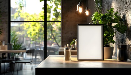 Empty frame on a wooden table in a cafe setting.