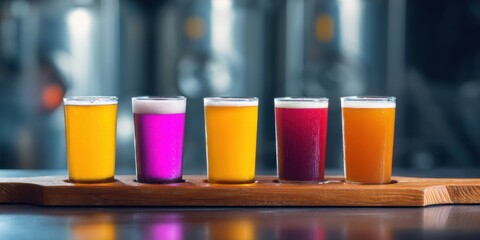 Artisanal Ale Flight with Five Unique Beer Samples on Wooden Paddle in Microbrewery - Craft Brewing Experience and Modern Beverage Tasting