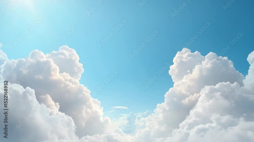 Poster sunny sky with clouds: a vibrant blue sky dotted with fluffy cumulus clouds, illuminated by the brig