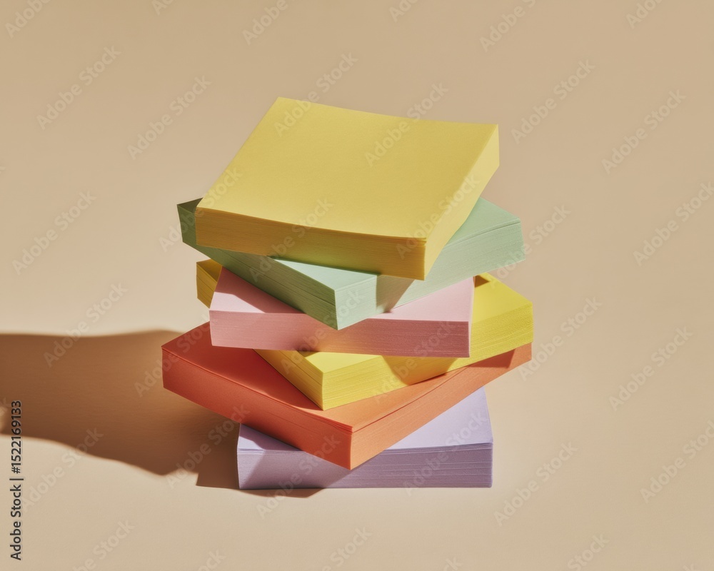 Poster modern pastel sticky note stack on beige desktop with soft shadow, showcasing office organization an