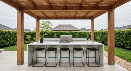 Charming outdoor kitchen area with wooden pergola and stylish bar stools