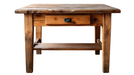 Rustic Charm: A weathered, wooden table, showcasing its natural grain, with a drawer and shelf. Capturing the enduring appeal and simple elegance of antique decor.