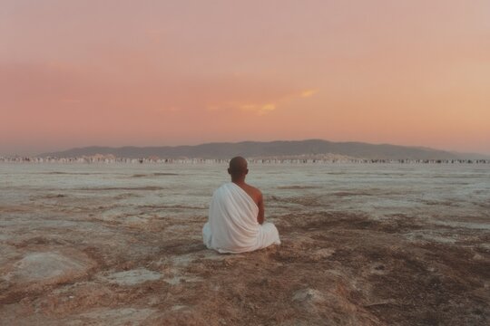 Spiritual Meditation of Man in White Ihram Garments at Sunset Near Sacred Kaaba - Reflective Pilgrimage Moment for Religious Education and Wellness