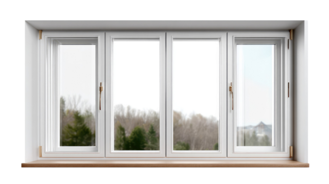 Window to the Outside World: A pristine, rectangular window frames a soft focus view of a quiet tree and a little building, infusing the scene with a sense of serenity and spaciousness. 