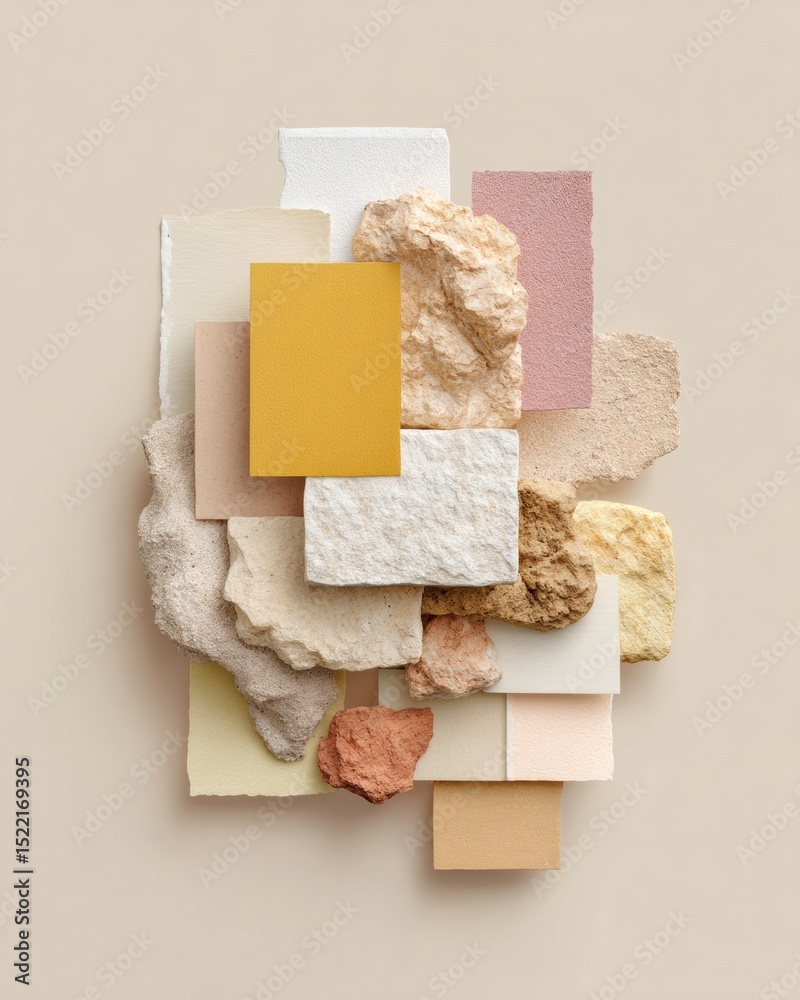 Aufkleber natural earth tone texture palette with mixed stone and paper materials in minimalist flat lay for m