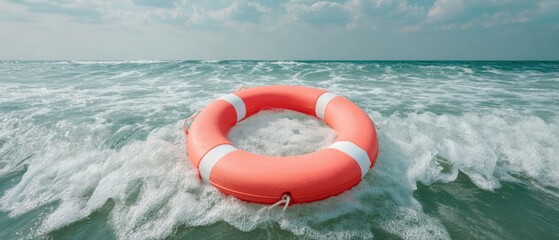 Vibrant life ring floating in choppy ocean waves under cloudy sky symbolizing maritime safety and emergency rescue in turbulent water conditions