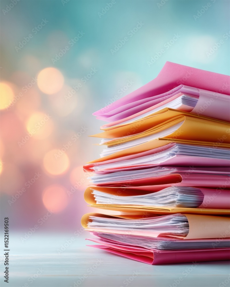 Poster organized stack of colorful policy manuals and regulatory documents on office surface for corporate 