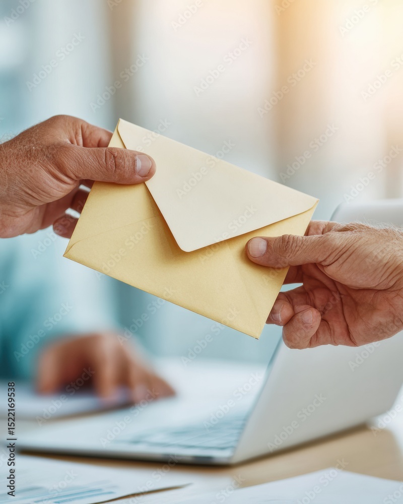 Poster modern office scene with pay commission manager giving financial reward envelope to employee, symbol