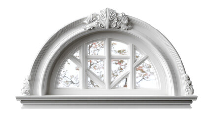 Ornate Architectural Arch Window: An artistic, white-painted arched window with intricate floral detailing above and a view to nature outside, conveying elegance and timeless design.