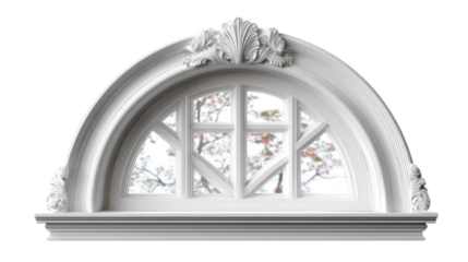 Ornate Architectural Arch Window: An artistic, white-painted arched window with intricate floral detailing above and a view to nature outside, conveying elegance and timeless design.