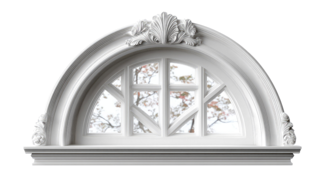 Ornate Architectural Arch Window: An artistic, white-painted arched window with intricate floral detailing above and a view to nature outside, conveying elegance and timeless design.