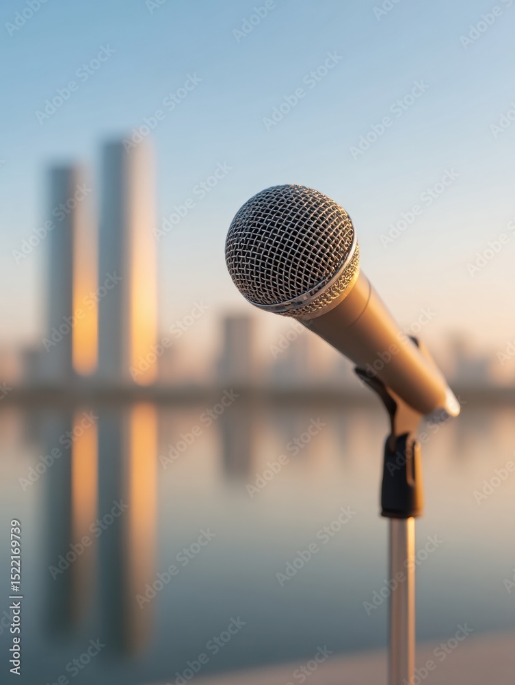 Aufkleber close-up of professional microphone with blurred urban skyline background highlighting voice amplifi