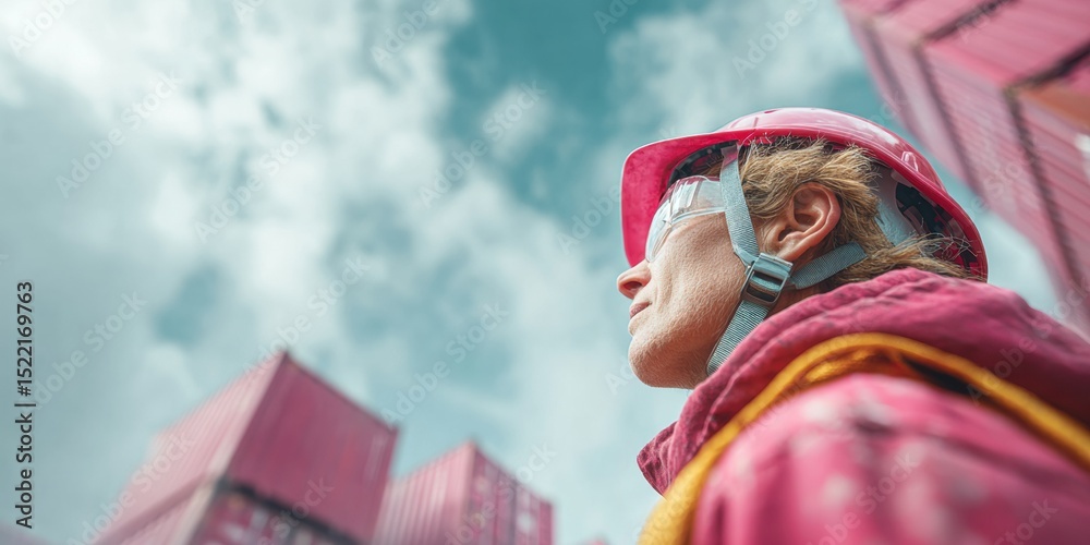Poster International Dockworker in Safety Helmet Supervising Crane Loading Operations of Shipping Containers at Modern Harbor - Efficient Port Management and Freight Control