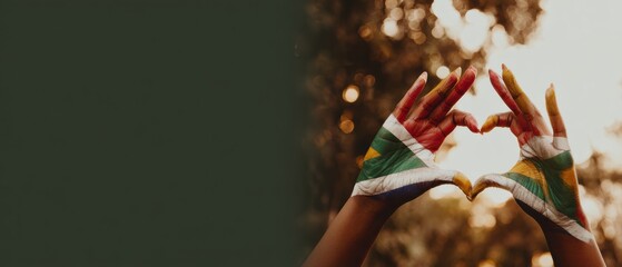 Plakat South African Liberation Day Heart Gesture with Flag Painted Hands Symbolizing Unity, Reconciliation, and National Healing in Social Cultural Trend