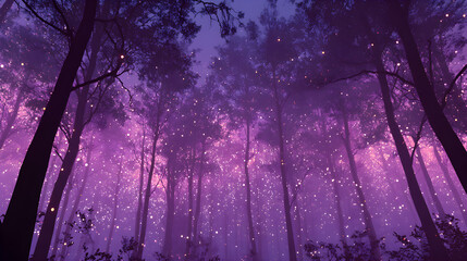 Obraz premium A view looking up through trees in a purple forest with floating lights and a dark blue sky above