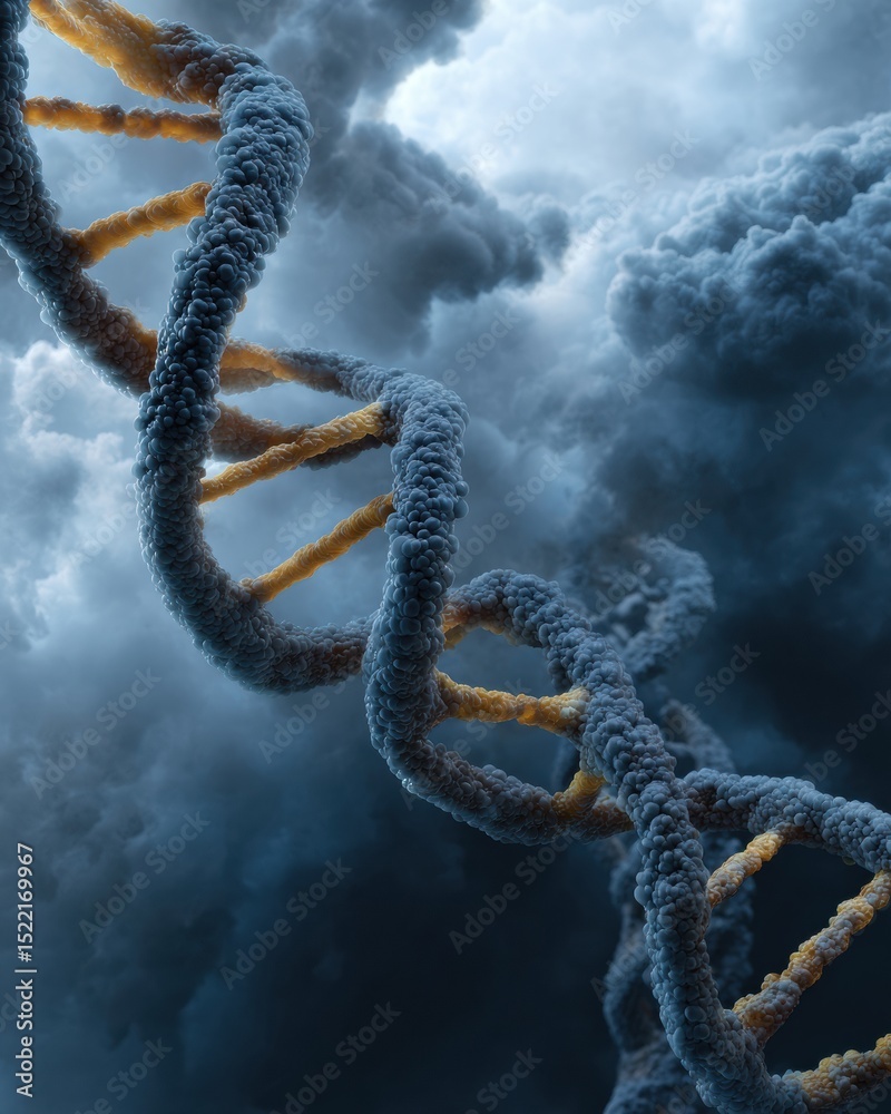 Poster Molecular DNA Helix Structure in Dark Clouds Background Representing Cutting-Edge Genomic Research and Innovation in Biotechnology Marketing