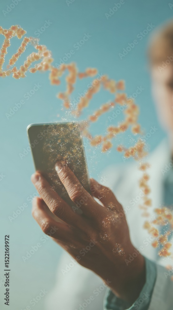 Poster Mobile Genetic Analysis Scientist Using Smartphone with Digital DNA Helix and Molecular Data Overlay for Biotech Innovation and Research