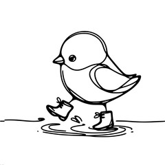 Bird walking in rain boots on puddle; concept of single line outline vector  
