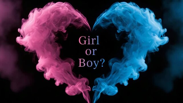 Pink and blue smoke forming heart shape with &ldquo;Girl or Boy?&rdquo; text inside, baby show background, 4K

