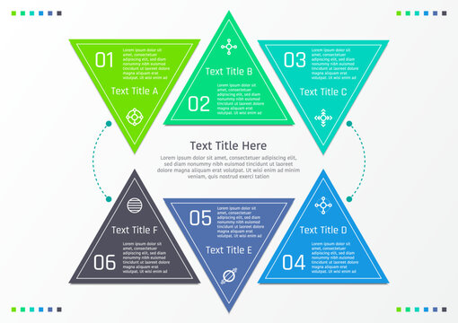 6 options business infographic template, theme of arranged triangle frame with text frame and number