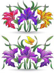 A set of stained glass illustrations with compositions of iris flowers, isolated on a white background