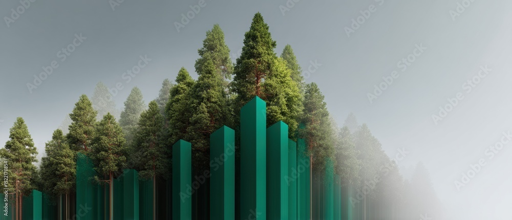 Poster eco-conscious financial data visualization with coniferous tree silhouettes on rising market graphs 