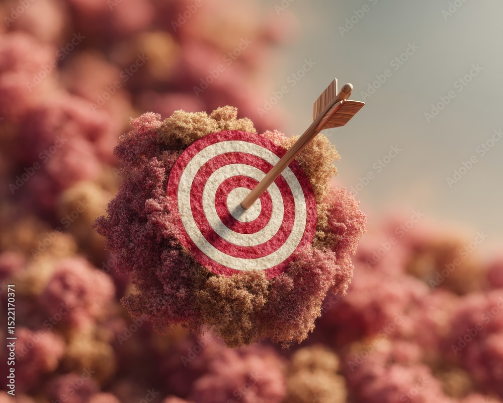 Poster precision climate goal visualization with bullseye target and arrow in forest landscape symbolizing 