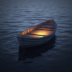 Obraz premium A Tranquil Evening Scene Depicting a Lonely Wooden Rowboat Adrift on Calm Waters