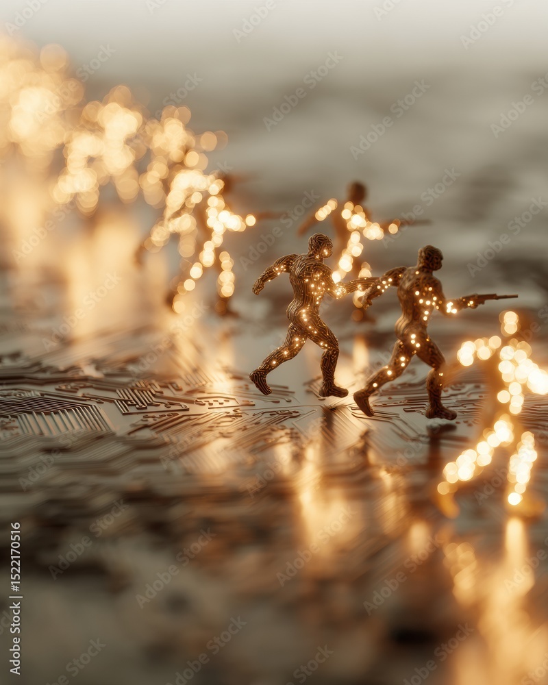 Aufkleber Digital Battlefield Soldiers Composed of Glowing Data Particles Advancing on Circuit Surface with Weapon Tracers for Cybersecurity Defense Marketing