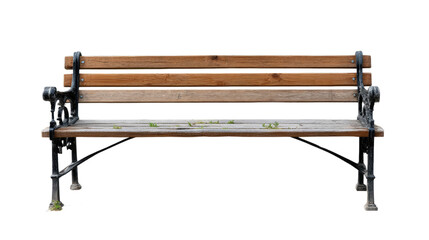 Empty Park Bench: A weathered wooden park bench with ornate metal supports sits invitingly on a white background, ready for relaxation and contemplation. 