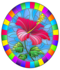 Obraz premium Illustration in stained glass style with flower, buds and leaves of pink hibiscus on sky background, oval image in bright frame