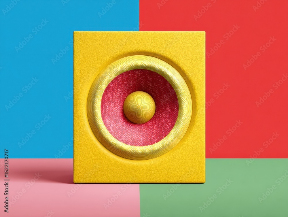 Poster vibrant spatial audio speaker with visible sound waves and textured cone membrane on colorful backgr