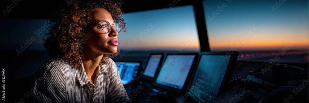 Poster air traffic controller monitoring flight data in modern panoramic tower at sunset - strategic aviati