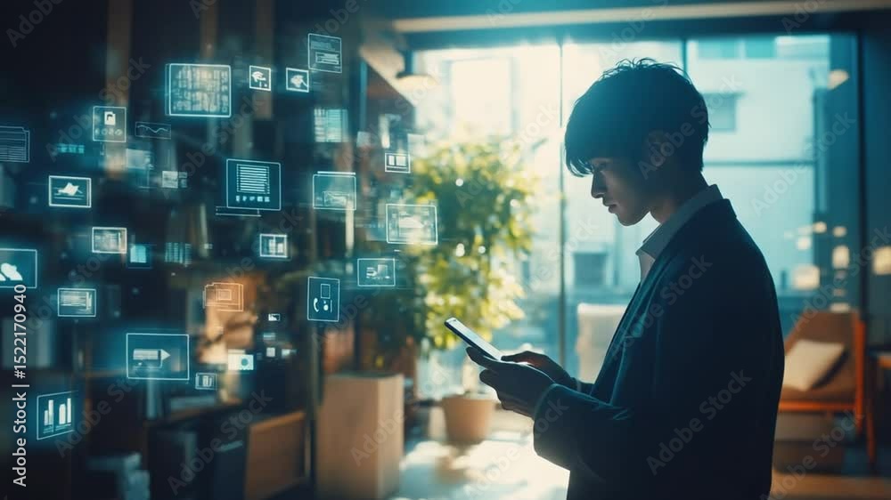 Poster professional utilizing augmented reality interface on mobile device in office