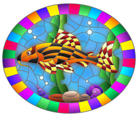 Illustration in stained glass style with a catfish on the background of water and algae, oval image in bright frame