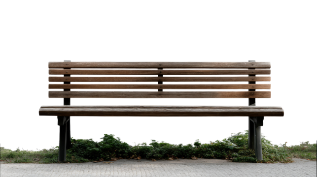 Park Bench Serenity: A classic wooden park bench sits peacefully, inviting a moment of pause and reflection amid nature, symbolizing rest and tranquility.