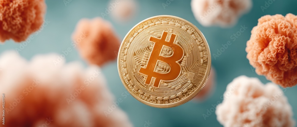 Poster Glowing Bitcoin Symbol with Particle Effects on Dark Background Highlighting Cryptocurrencys Role in Modern Wealth Storage and Fintech Evolution