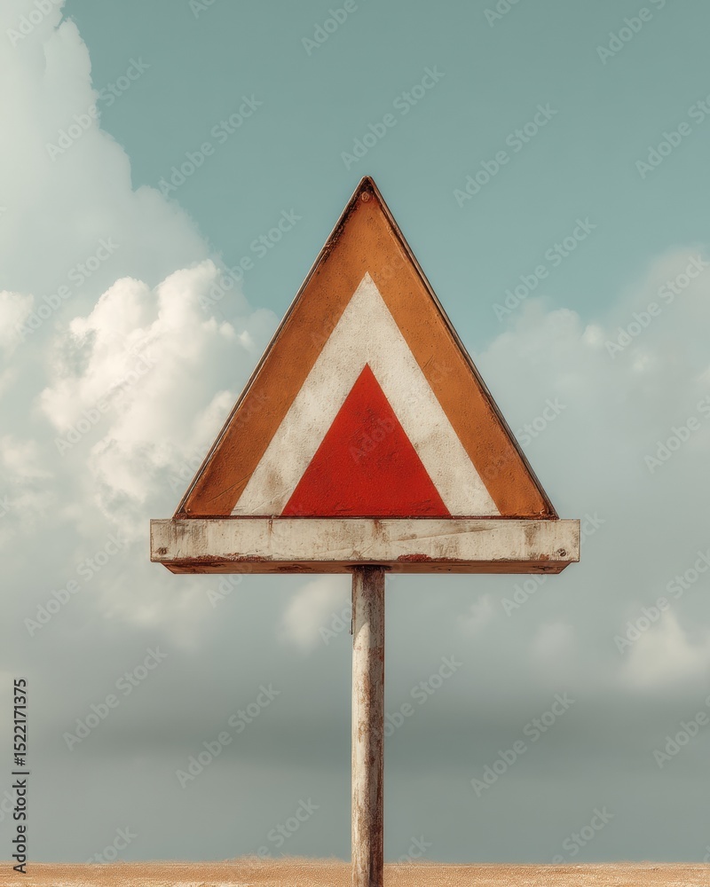 Poster vintage rusted triangular warning sign against cloudy sky showing tornado alert for emergency prepar