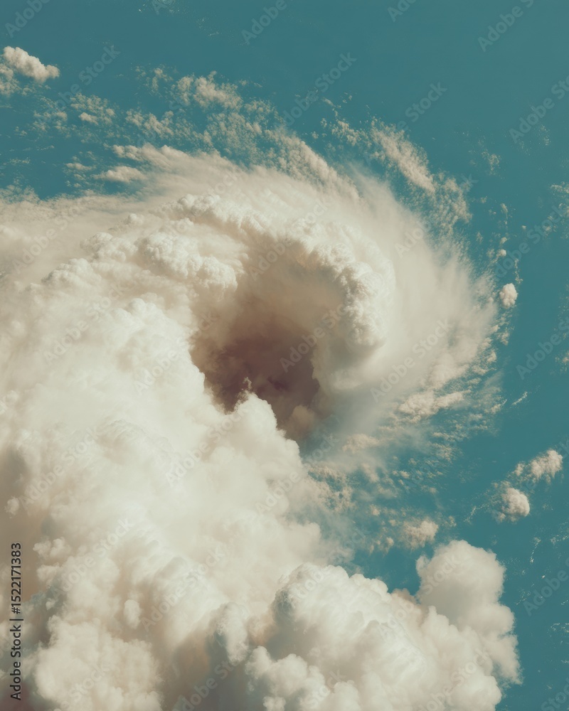 Poster dramatic cyclone formation aerial view showing swirling cloud spiral structure - meteorological scie