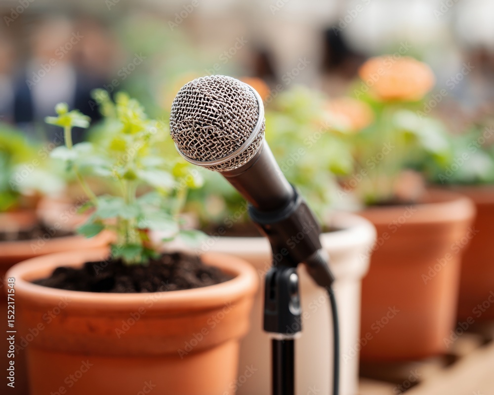 Poster Professional Microphone on Stand with Sponsor Logo in Focus Against Blurred Audience for Modern Event Branding and Audio-Visual Sponsorship Documentation