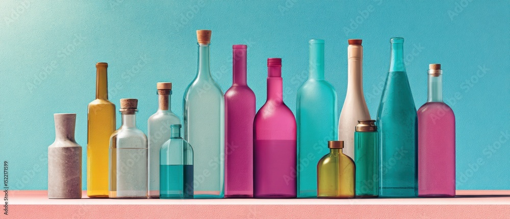 Poster vibrant diverse spirit bottles lineup in matte and glossy finish on colorful table with modern minim