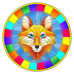 The illustration in stained glass style painting with a fox head , a circular image with bright frame