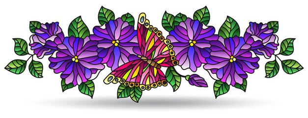 Stained glass illustration with floral arrangement and butterflies, isolated on a white background