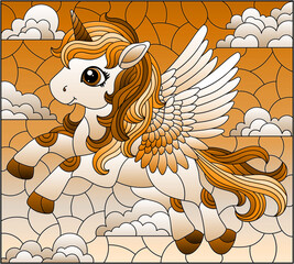 A stained glass illustration with a cute cartoon unicorn on a cloudy sky background, tone brown