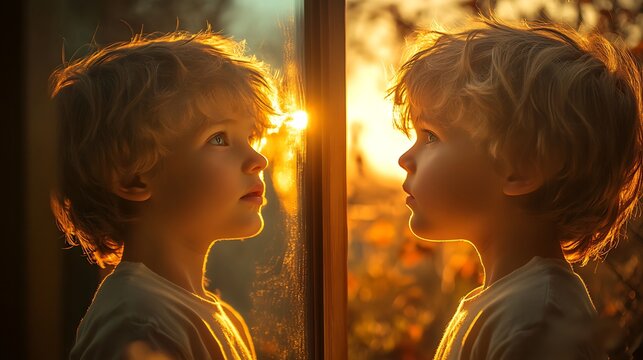 Boy Gazing at Golden Sunset Through Window Reflection of Childhood Wonder and Imagination