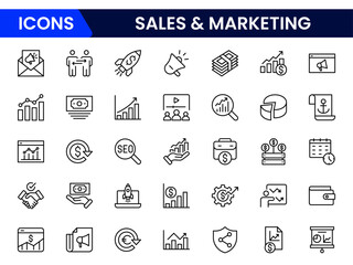 Dynamic vector web line icons illustrating sales, marketing, advertising, promotions, funnels, and strategies for business growth and engagement.
