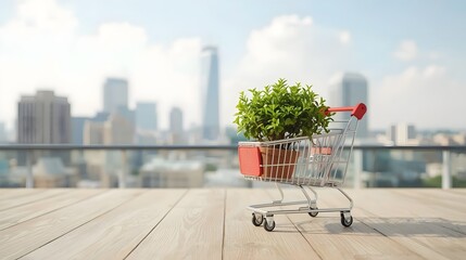 tiny potted tree placed in the shopping cart, showing eco-conscious purchases or green living.